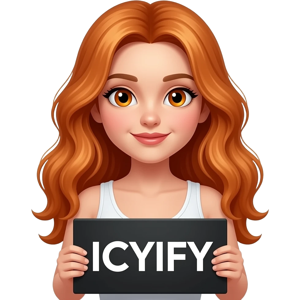 sexy girl with long wavy ginger hair and ginger eyes wearing a white tanktop is holding a black colored sign with IICYIFY written on it emoji