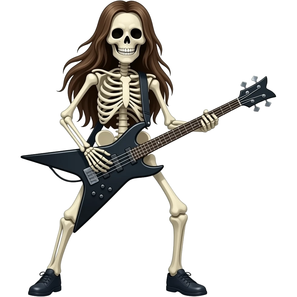 A full body long haired skeleton playing a heavy metal bass emoji