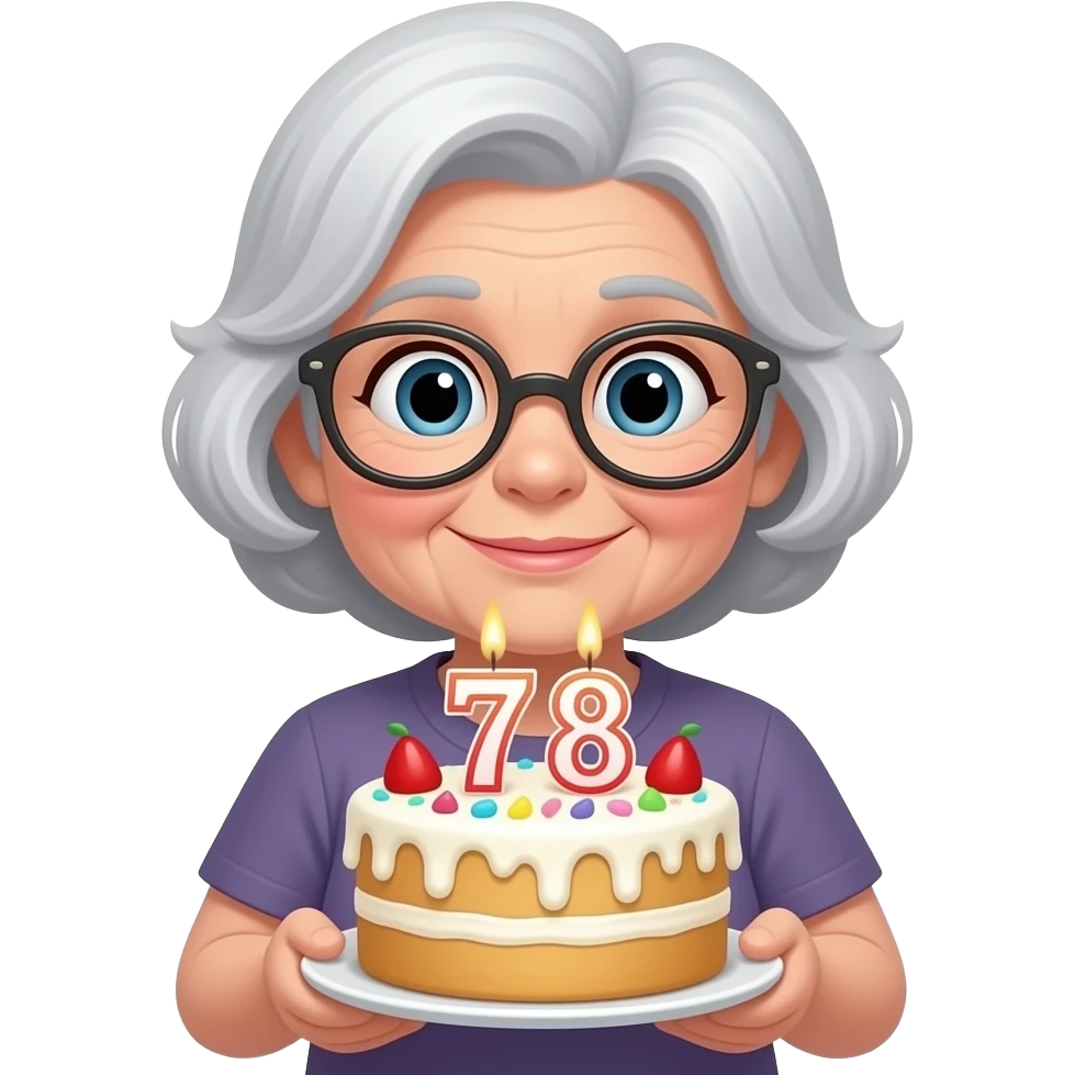 Grandma is blowing out candles, which make the number 78, on her birthday cake emoji