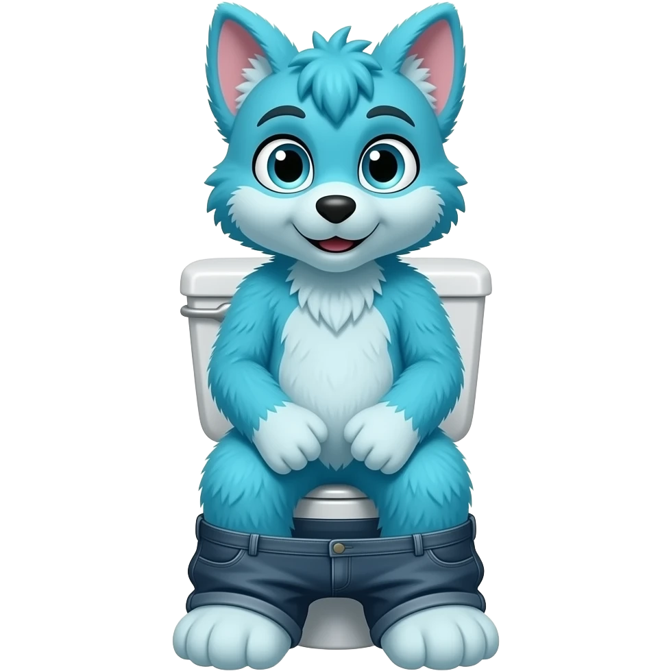 blue fursuit sitting on toilet, front view, pants down emoji