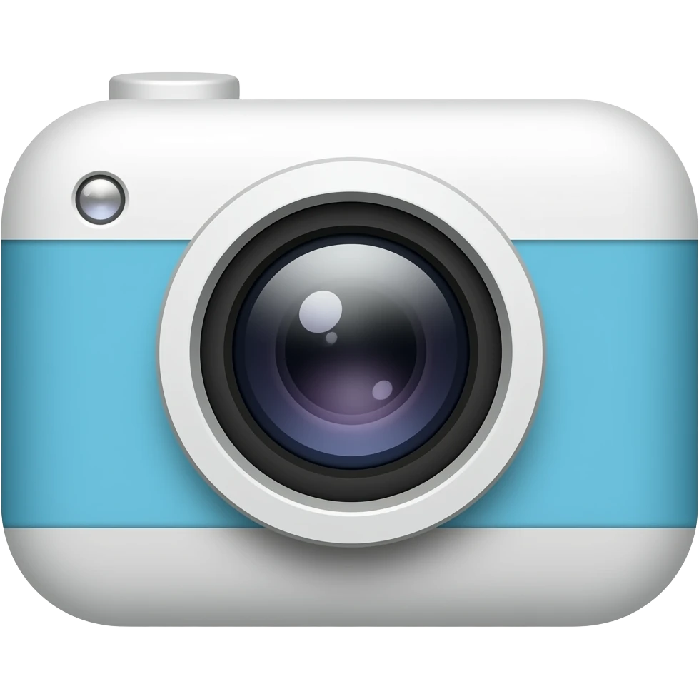 Apple emoji-style 3D camera icon, cute minimal design, rounded compact camera body, large circular lens, small flash detail, soft glossy texture, smooth gradient shading, clean white background, centered composition, high quality. emoji