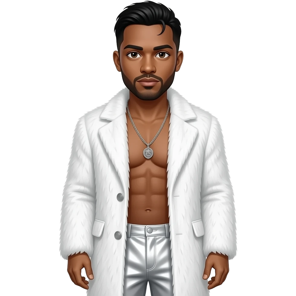 Howie Dorough with olive skin, brown eyes, black hair and short beard, white fur coat, white metallic baggy pants, shirtless with necklace emoji