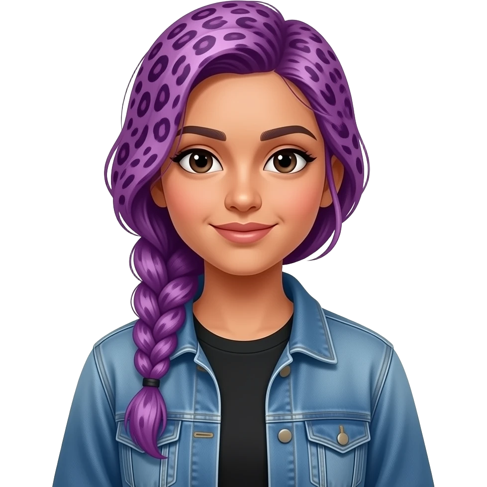 Indian girl with hair dyed in a lavender cheetah print pattern in one braid, wearing a black shirt and loose denim jacket on top emoji