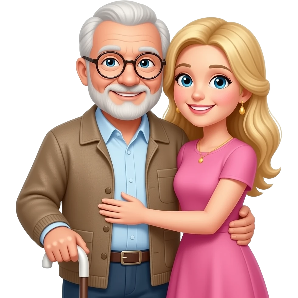 Old, elderly man with glasses and cane hugging young blonde girlfriend in pink dress emoji