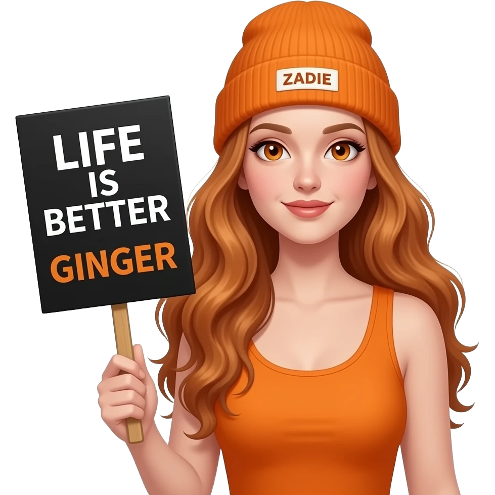 sexy girl with overlong wavy ginger hair and ginger eyes wearing a orange tanktop and a orange beanie with ZADIE written on it, is holding a black sign with LIFE IS BETTER with a GINGER written on it emoji