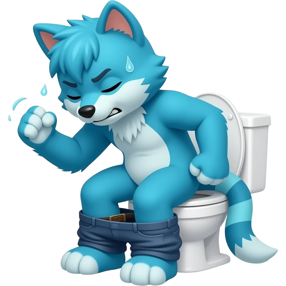 blue fursuit sitting on toilet, side view , pants down, pushing, eyes closed, straining face, pushing, sweating, both fists emoji