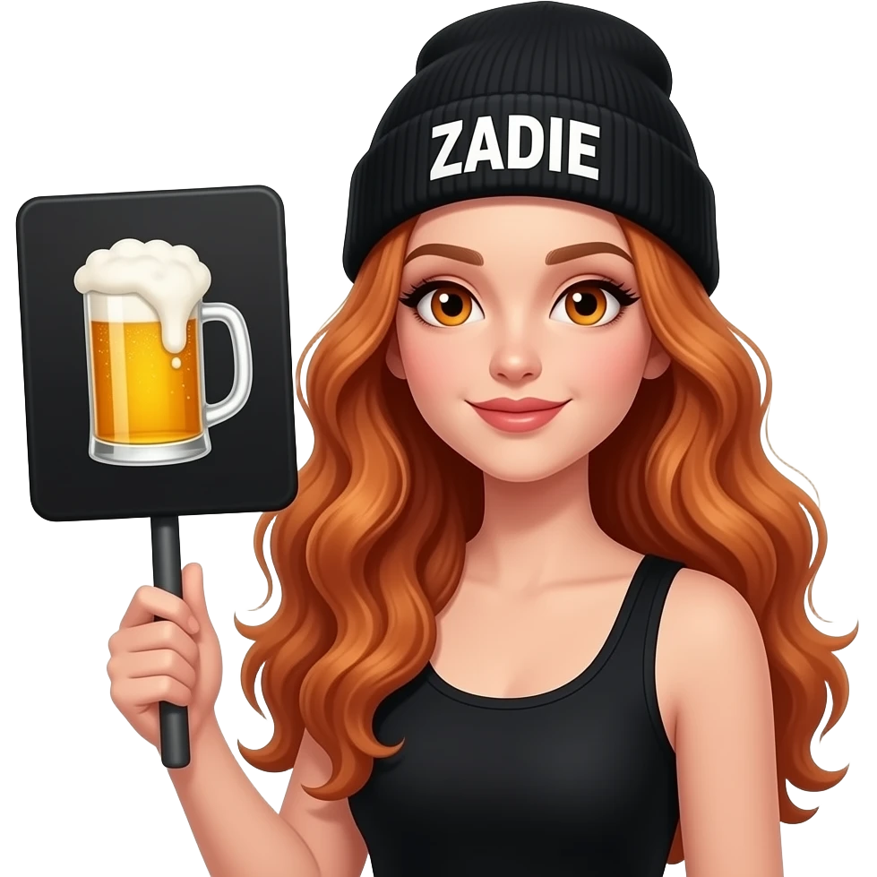 sexy girl with overlong wavy ginger hair and ginger eyes wearing a black tanktop and a black beanie with ZADIE written on it, is holding a black sign with 🍺 on it emoji