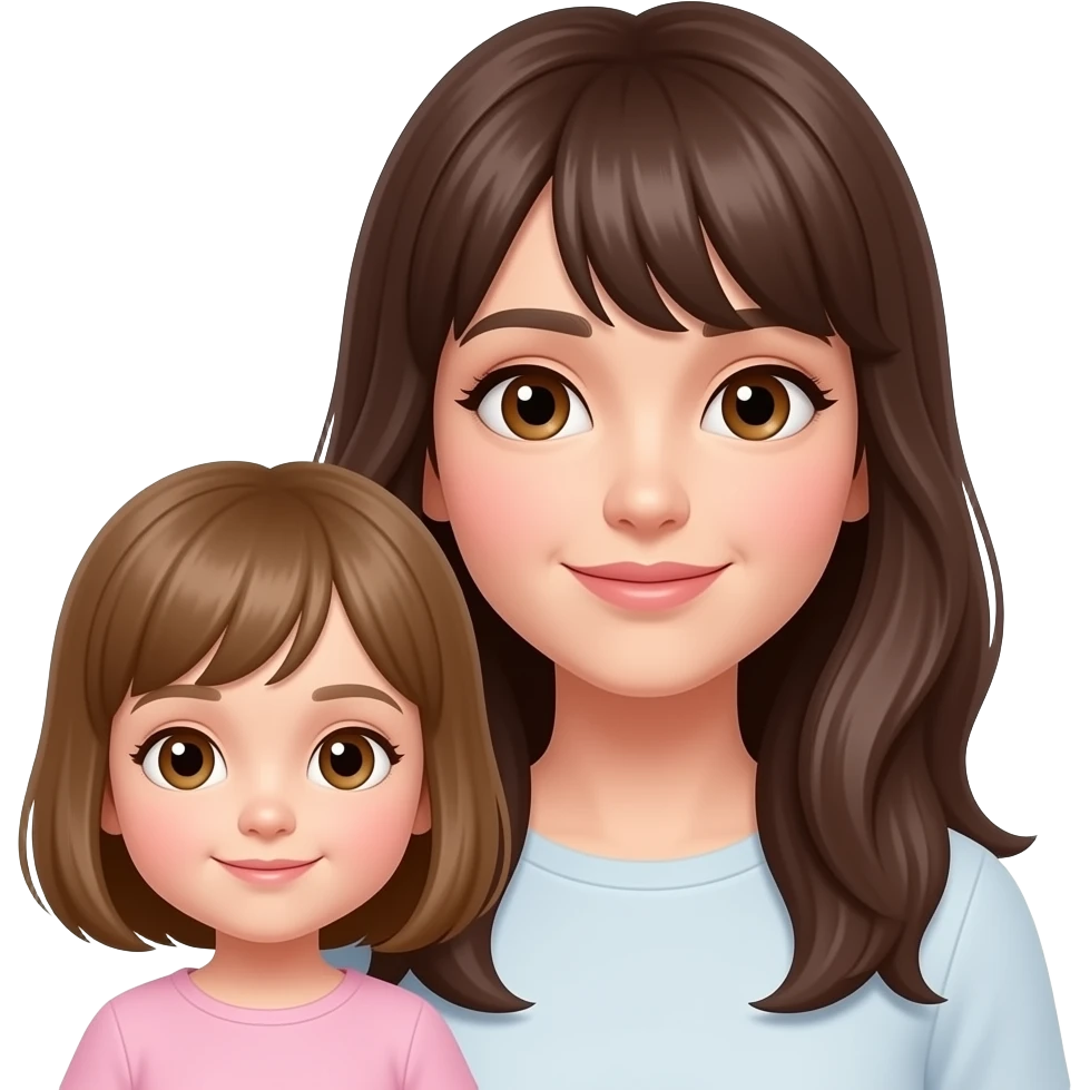 mamma con frangetta, capelli lunghi e una figlia  piccola ciuffo al lato capelli marrone chiaro e occhi marrone emoji
