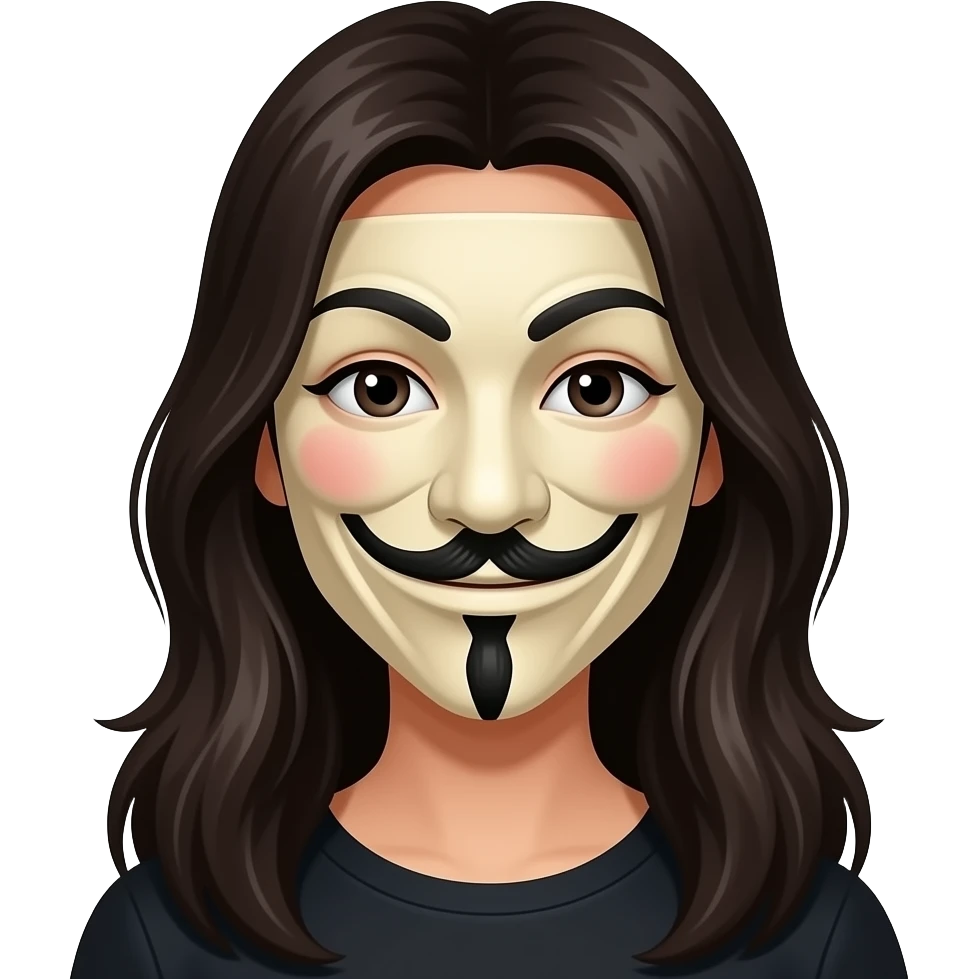 Woman with long dark hair in an Anonymous mask emoji
