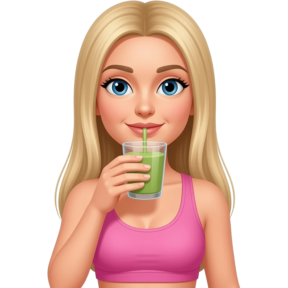 Medium length hair straight blonde pilates instructor in pink drinking matcha emoji
