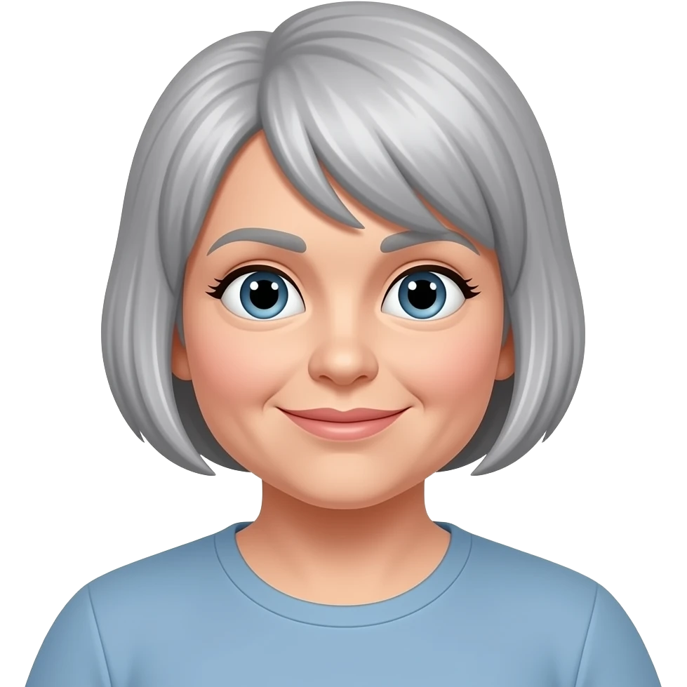 Emoji of 1 middle aged chubby white woman with very short grey hair with a fringe emoji