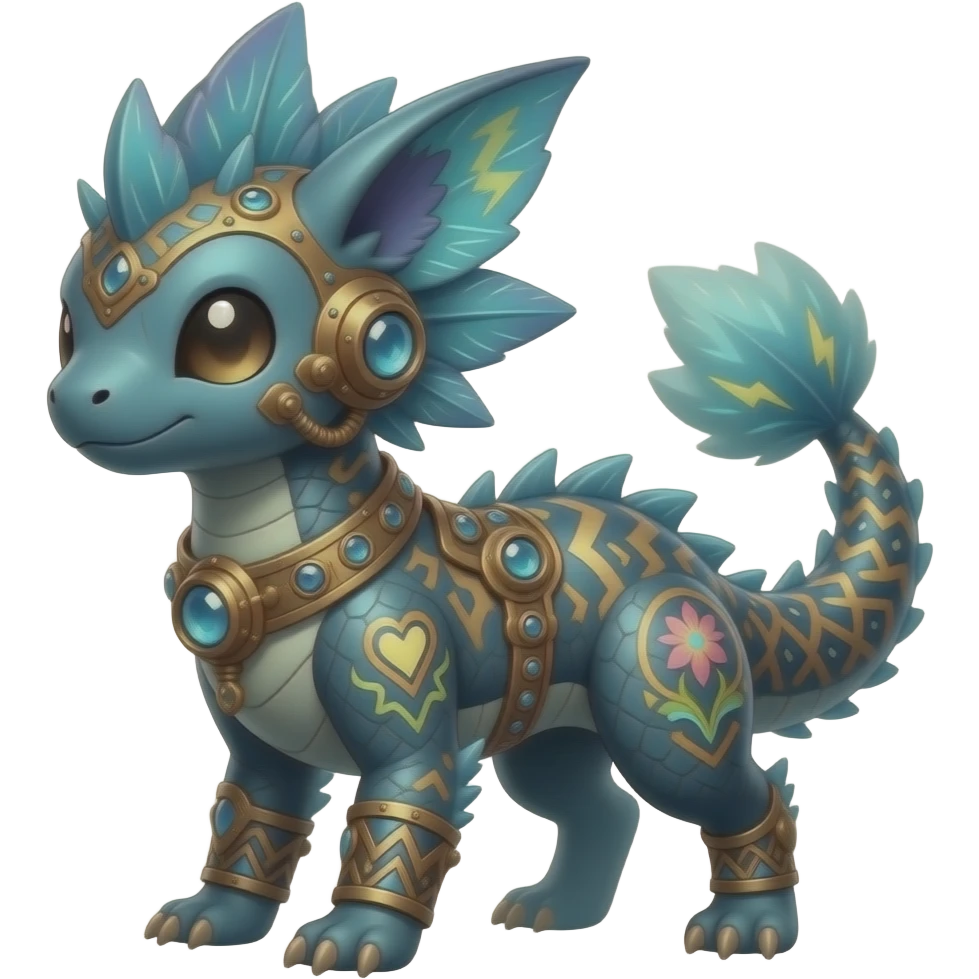 scaly fuzzy shiny glossy smooth finned frilled spunky gothic Realistic tall slim unique original shiny edgy cool steampunk-cyberpunk-solarpunk-fantasy-Absol-Sprigatito-Vaporeon-Manectric-Mudkip-Fakémon-hybrid with tribal chevron heart floral lightning bolt strikes damask paisley markings emoji
