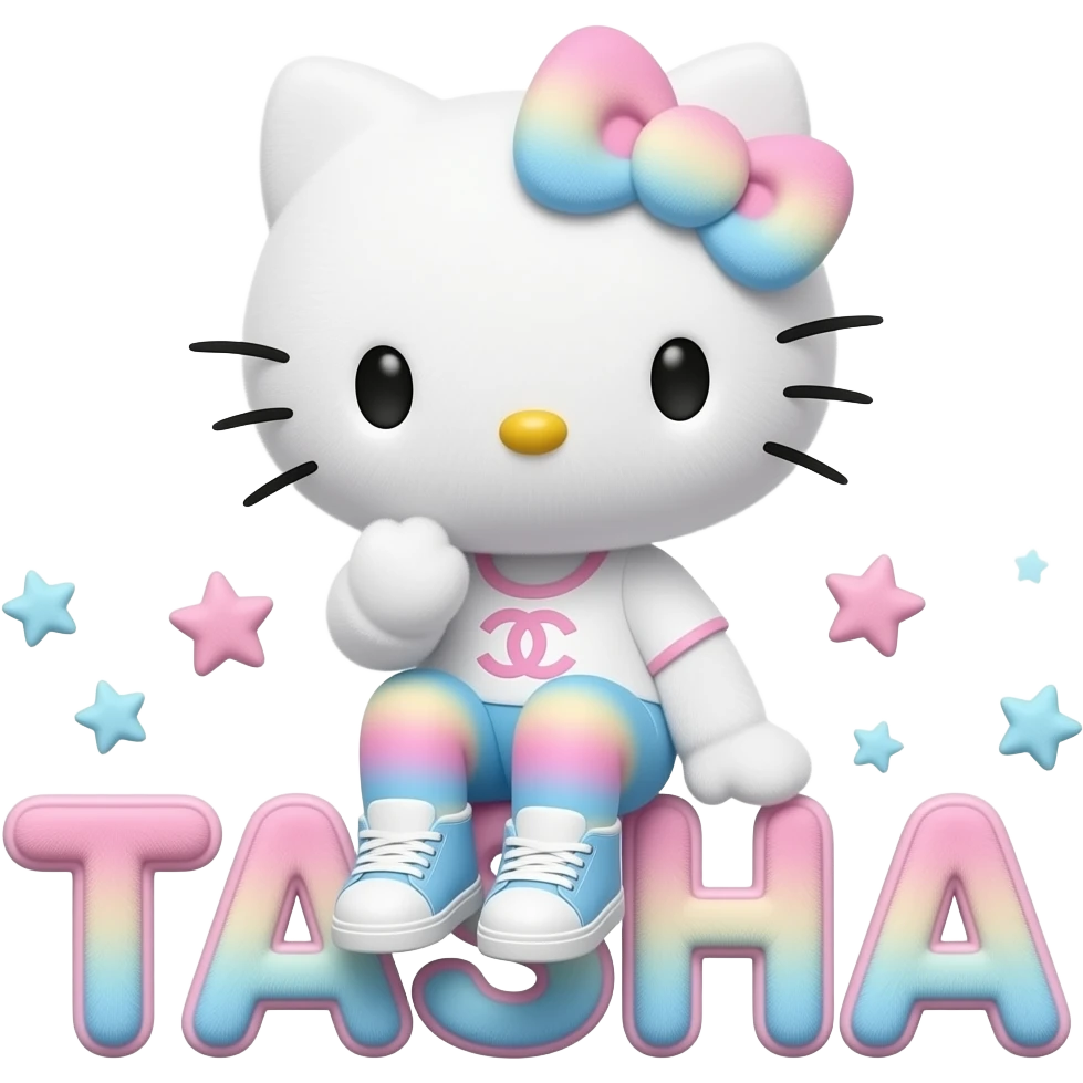 4D Velvety fur texture hello kitty wearing ombre white and blue and pink ombre pastel colored leggings and sneakers, and with the Chanel symbol on her ombre pastel bow sitting sideways on top of the last letter velvety 3D outlined letters TASHA surrounded with tiny ombre pastel stars made of candy emoji