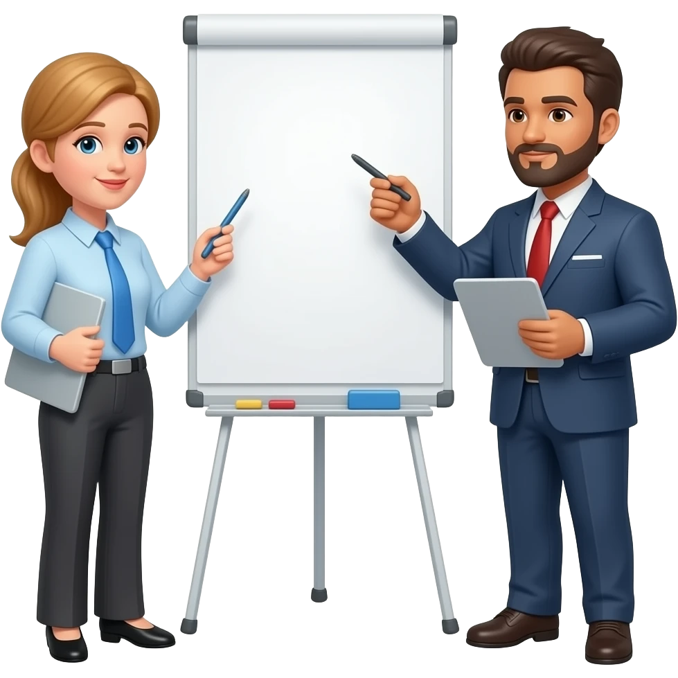 two office worker planning whitboard emoji