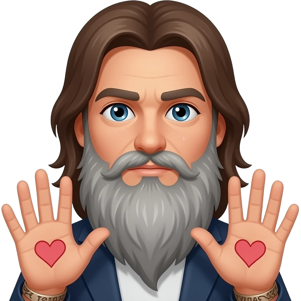 Long brown hair blue eyes long grey beard stoner with heart hands emoji