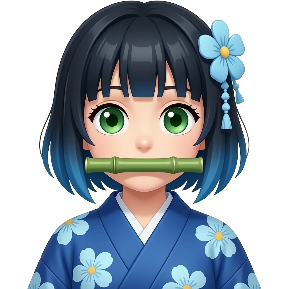 Que se parezca a Nezuco de Demon Slayer pero con los ojos verdes el bambú grueso en la boca y pelo azul y el kimono azul con flores azules pastel emoji