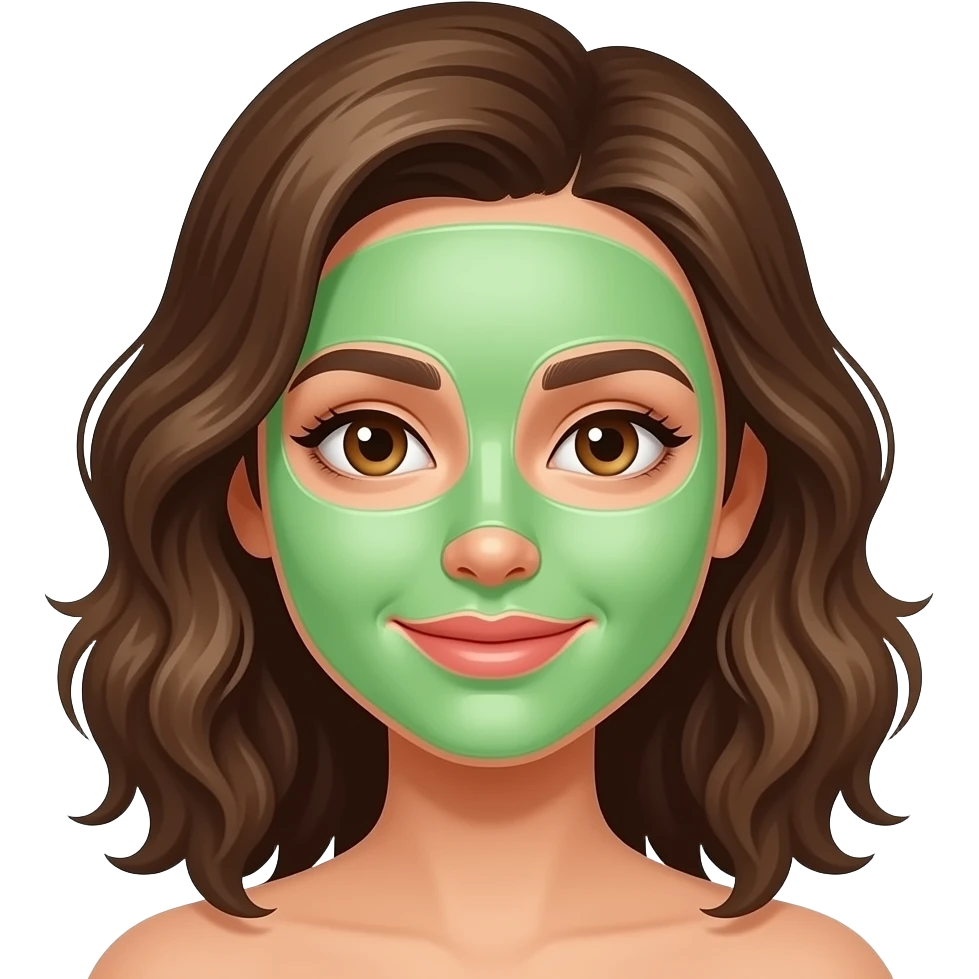 Rosto de uma  menina ondulada coberto com máscara de skincare verde emoji