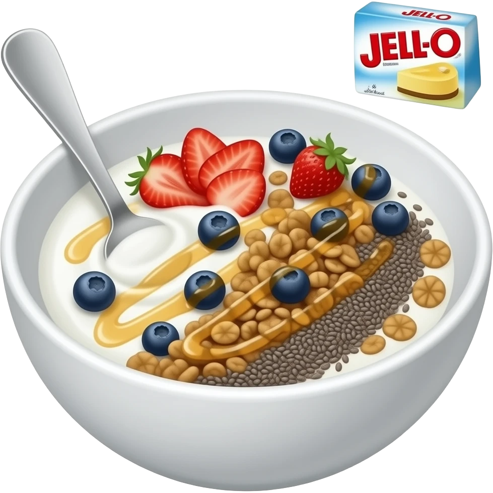 Yogurt bowl with berries and granola and a tiny little yellow cheesecake flavor Jell-O pudding box at the top right emoji