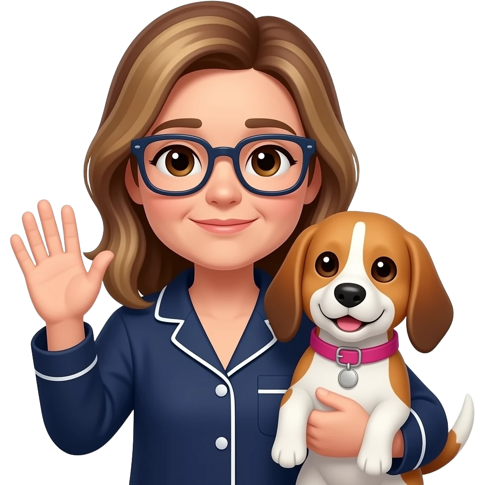 50-year-old drowsy woman with dark brown eyes,  long brown balayage hair, parted on the left, with pale skin, with dark navy rectangular glasses, holding a beagle that looks happy. She is wearing a navy pajamas. The beagle has a pink collar. The woman is waving goodbye. There are Zzz above her head emoji