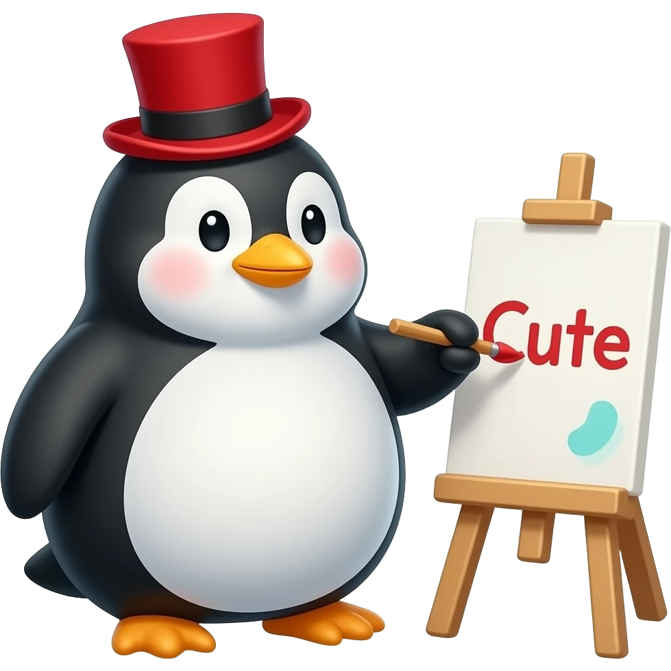 A cute fat penguin wearing a red top hat making a painting saying the word cute emoji