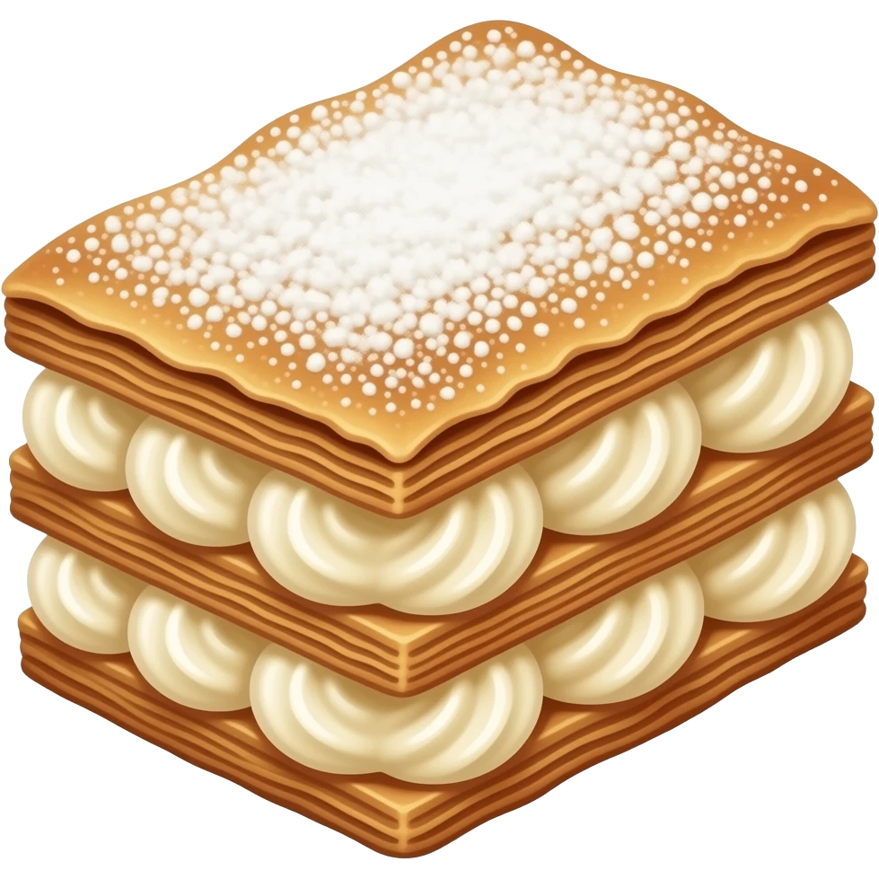 Cinematic Realistic Mille-Feuille Dessert Emoji, depicted as layered puff pastry with rich cream and a dusting of powdered sugar rendered with intricate textures and elegant, soft lighting. emoji