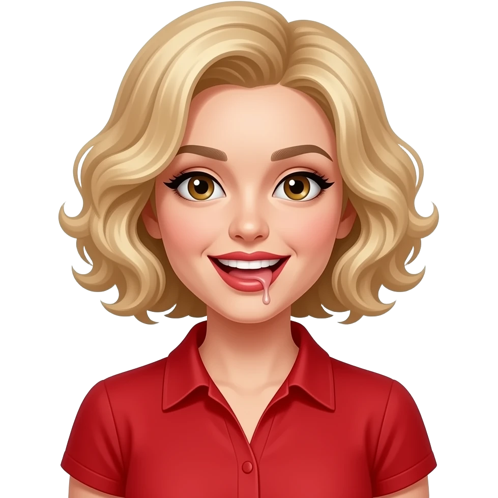 Short blond hair in curls drooling deliciousness in a red finger nails and in a red short sleeve blouse and brown lipstick emoji