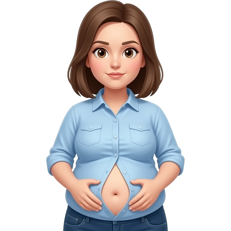 a girl with a huge stomach that is full to bursting,so bloated that she gets a tummyache,her bellybutton is poking out and her shrunk tight shirt buttonholes are at breaking point. emoji