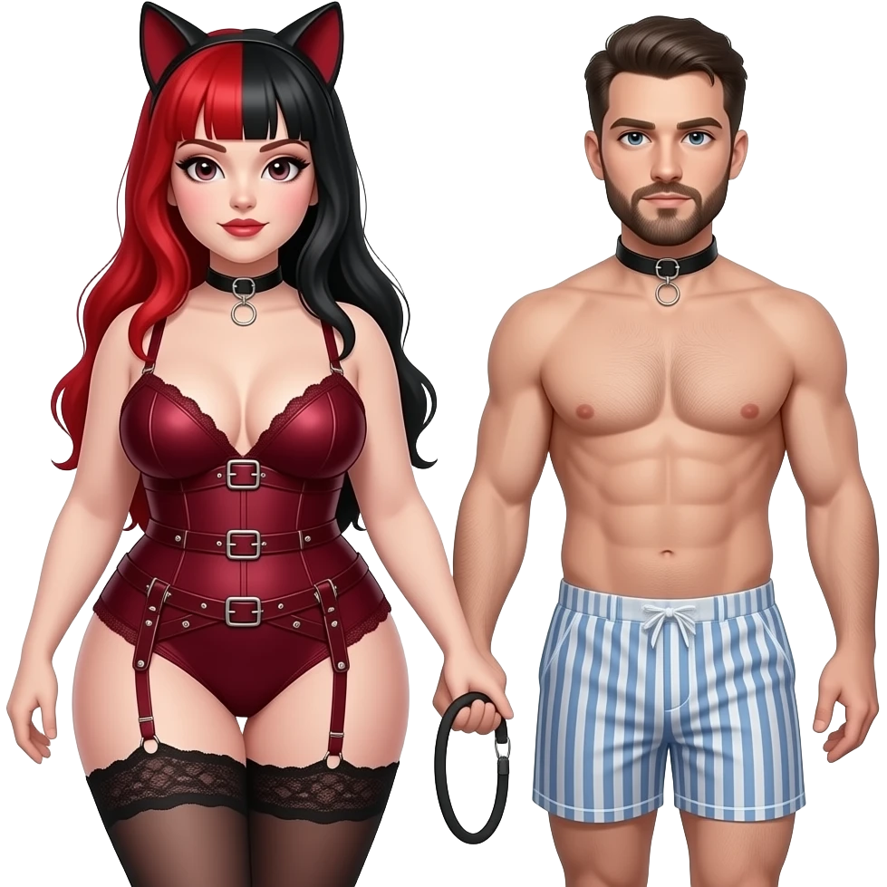 Dominatrix wearing a darkred  bdsm style harness lingerie. White skin, chubby, dark Make the girl have long red and black hair and male partner in boxers getting walked on a leash collar on neck with goatee facial hair emoji