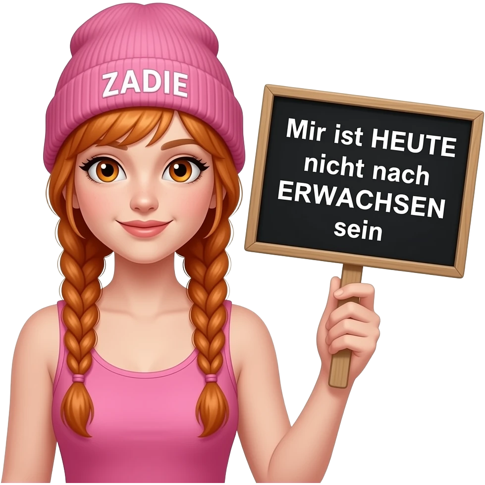 sexy girl with overlong ginger braids and ginger eyes wearing a pink tanktop and a pink beanie with ZADIE written on it, is holding a black sign with Mir ist HEUTE nicht nach ERWACHSEN sein  on it emoji