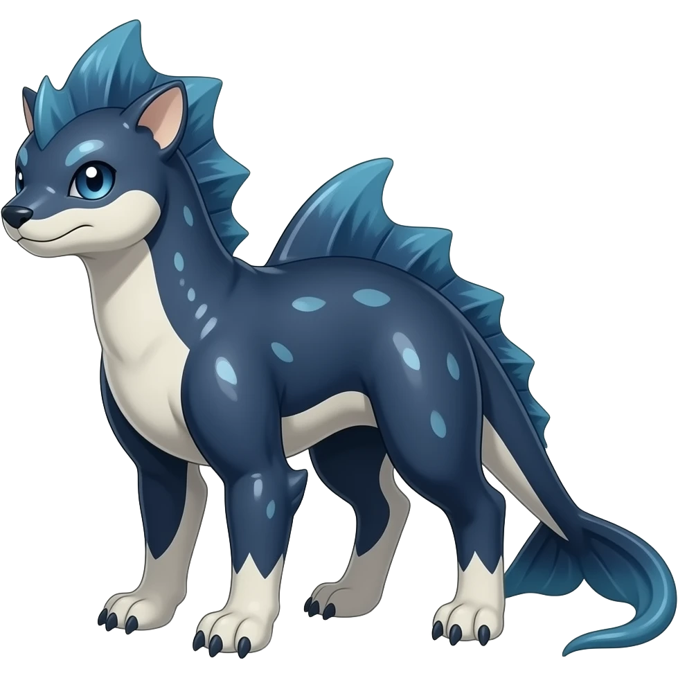 Tough Quadrupedal digitigrade shiny glossy smooth finned frilled gothic tall slim unique epic legendary shiny edgy cool cyberpunk-solarpunk-fantasy-Absol-Sprigatito-Vaporeon-Furret-Manectric-Mudkip-Fakémon-hybrid with an orca tail emoji