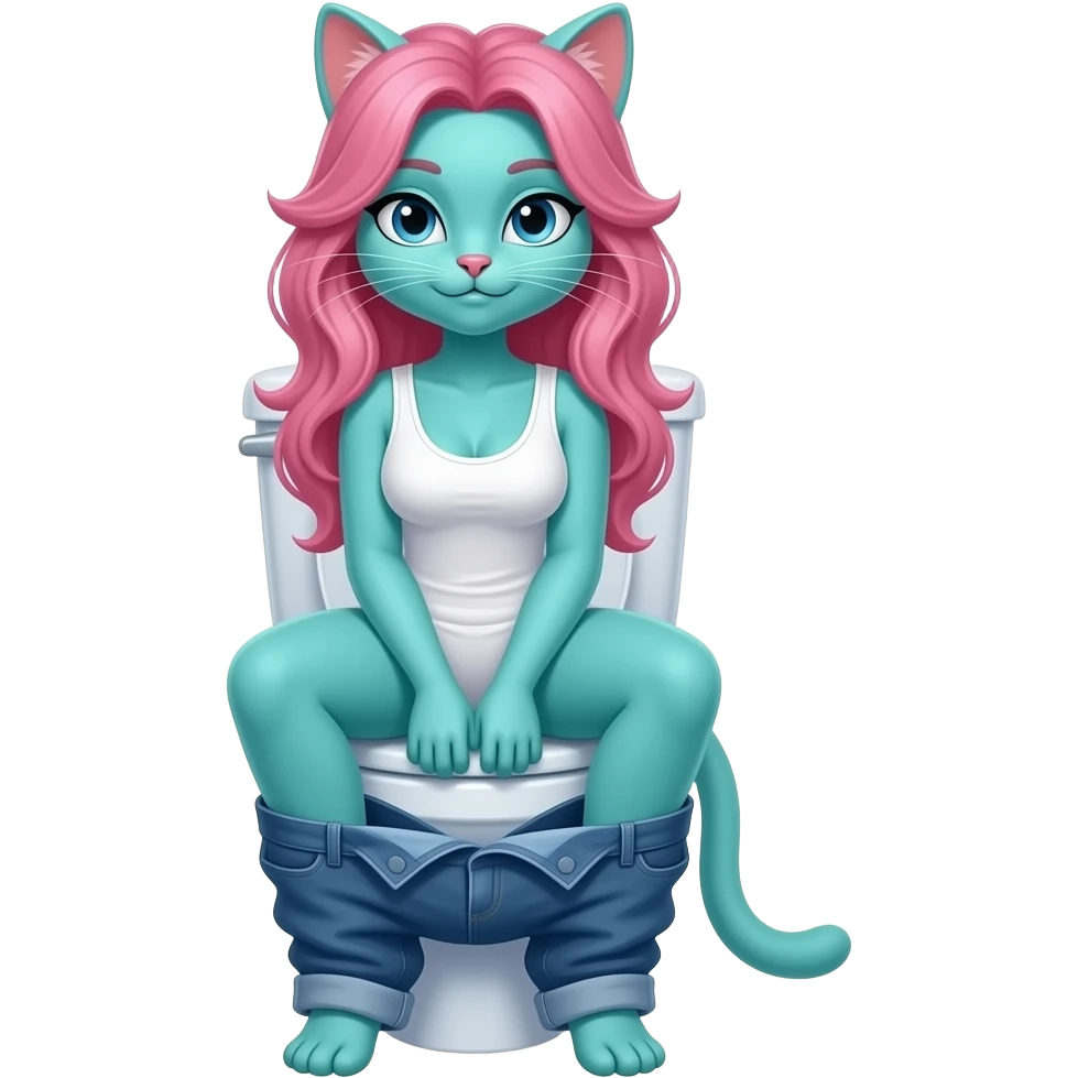 Female cyan cat furry woman sit on toilet pants off,pink hair emoji