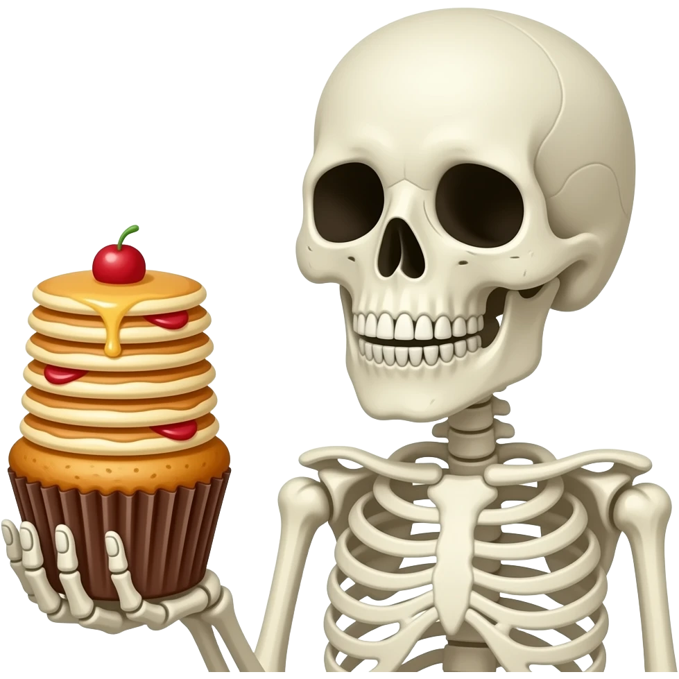 Skeleton holding cupcake with a stacks of pancakes on top emoji