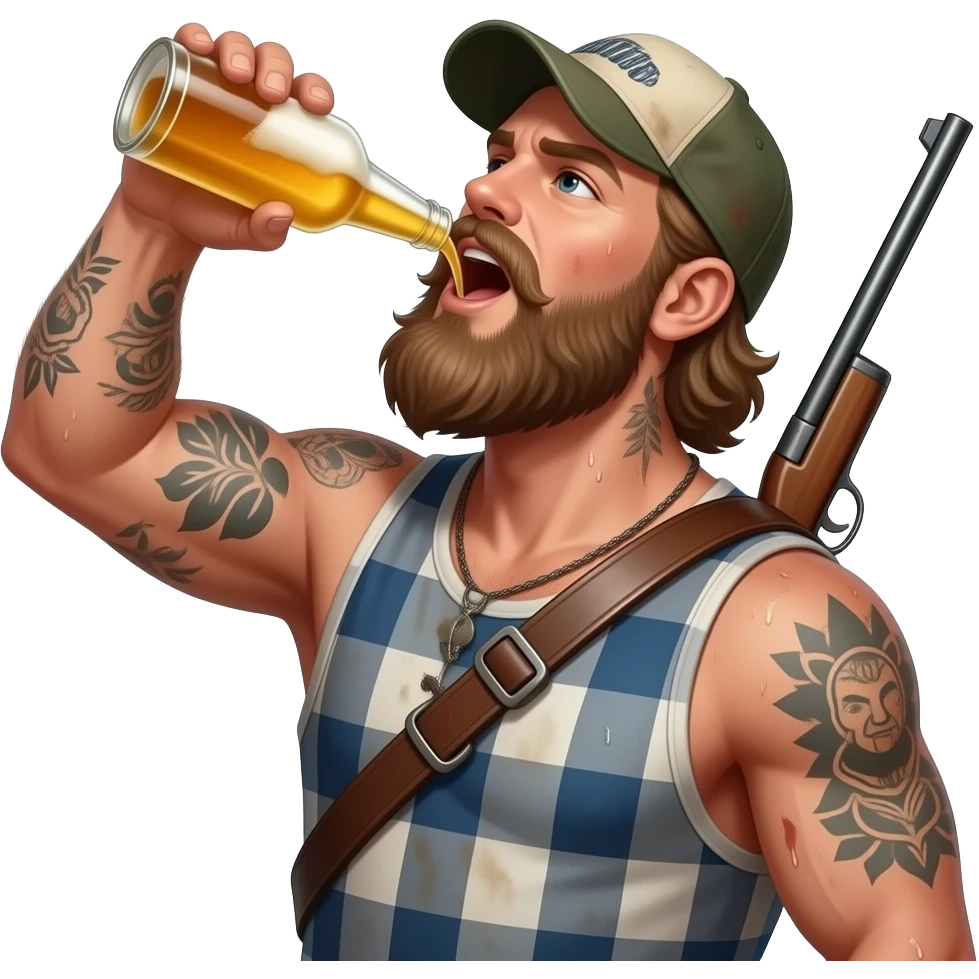 Portrait von einem Oberkörper freien, typischen redneck mit alten cap und tattoos. Er ist maskulin, behaart. Seine Haut ist staubig und verschwitzt. Er gießt sich von oben ein Bie in den offen Mund, er hat eine Schrotflinte um seinen Rücken umgehängt. Er hat ein ungepflegten, zottligen lange Bart. emoji