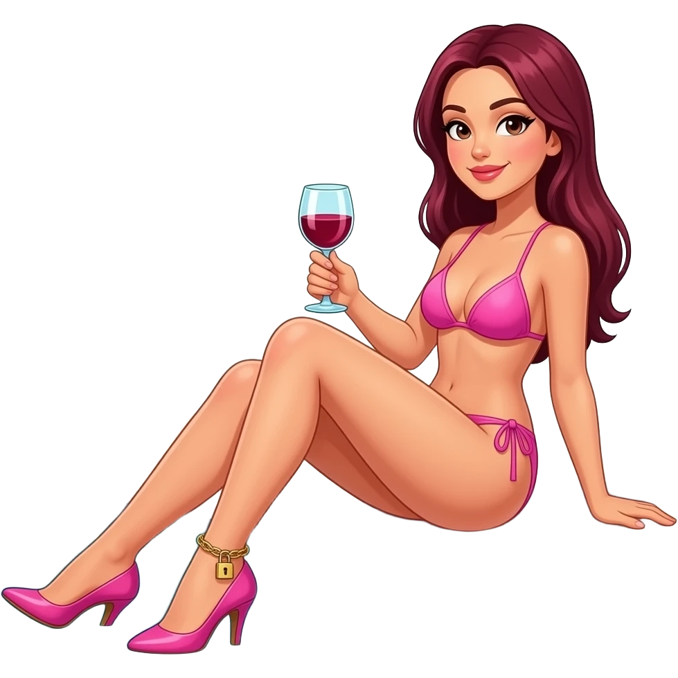 woman with burgundy, very straight chest-length hair, sitting by a pool, sunbathing, wearing just a baby pink bikini and high heels, holding a glass of red wine, wearing an ankle chain with a small padlock key hanging off it on one ankle and no strap on the other emoji