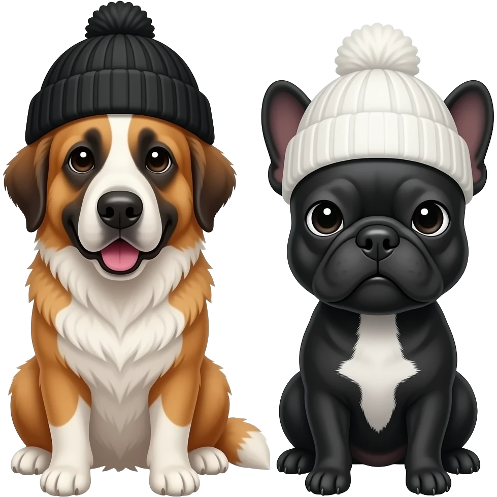 Great Pyrenees dog wearing a black beanie with black Frenchie wearing a white beanie emoji