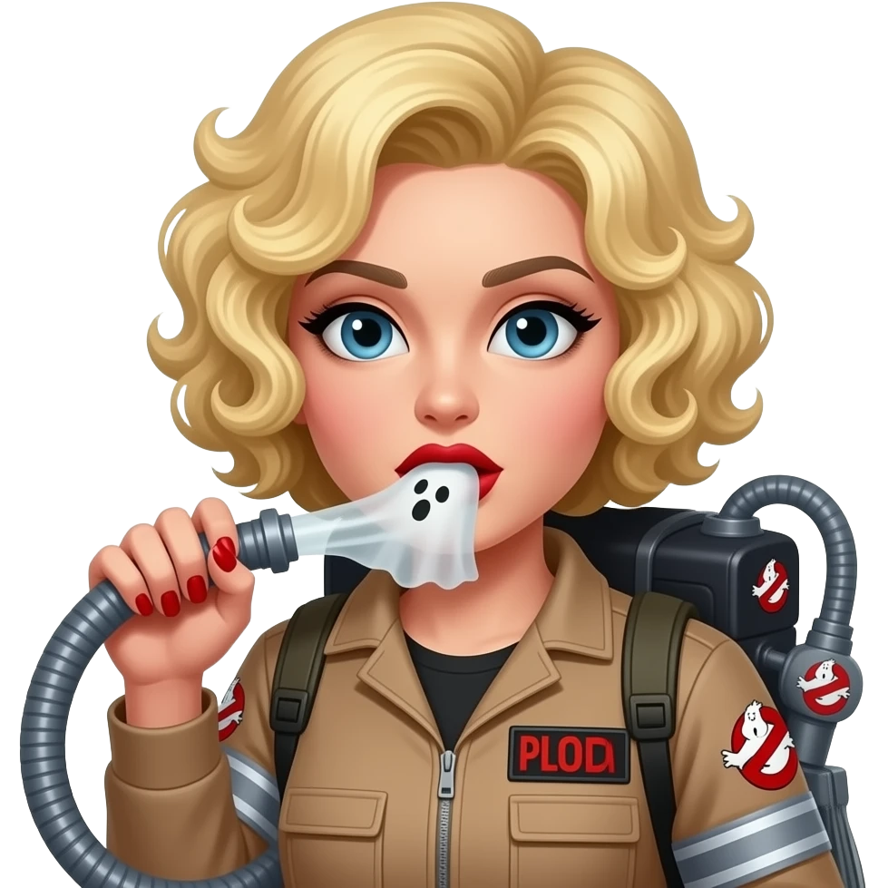 above neck Short blonde curly spiral hair in a brown ghost busters outfit sucking in a ghost with the suction machine, red fingernail, red lipstick and black eyebrows emoji
