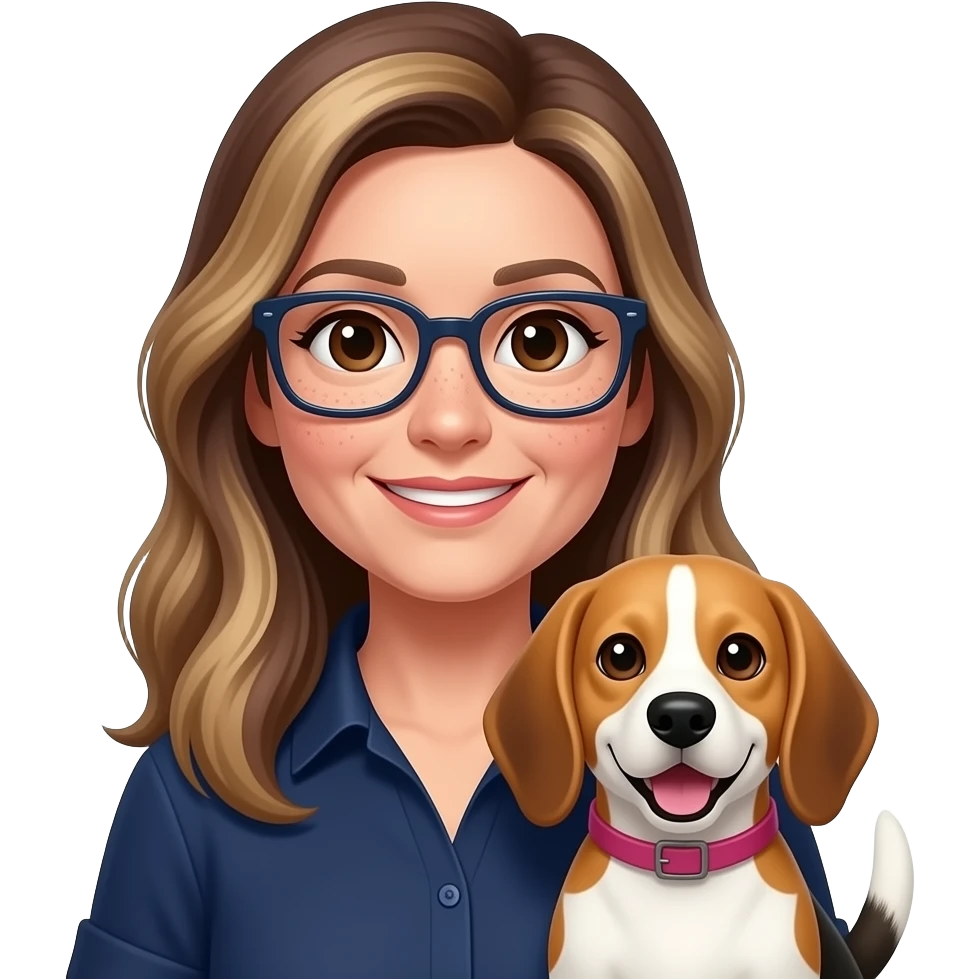 50-year-old woman with very dark brown eyes,  long brown balayage hair, parted on the left side, with pale skin and freckles, with dark navy rectangular glasses, holding a beagle that looks happy. She is wearing a navy shirt. The beagle has a pink collar. emoji