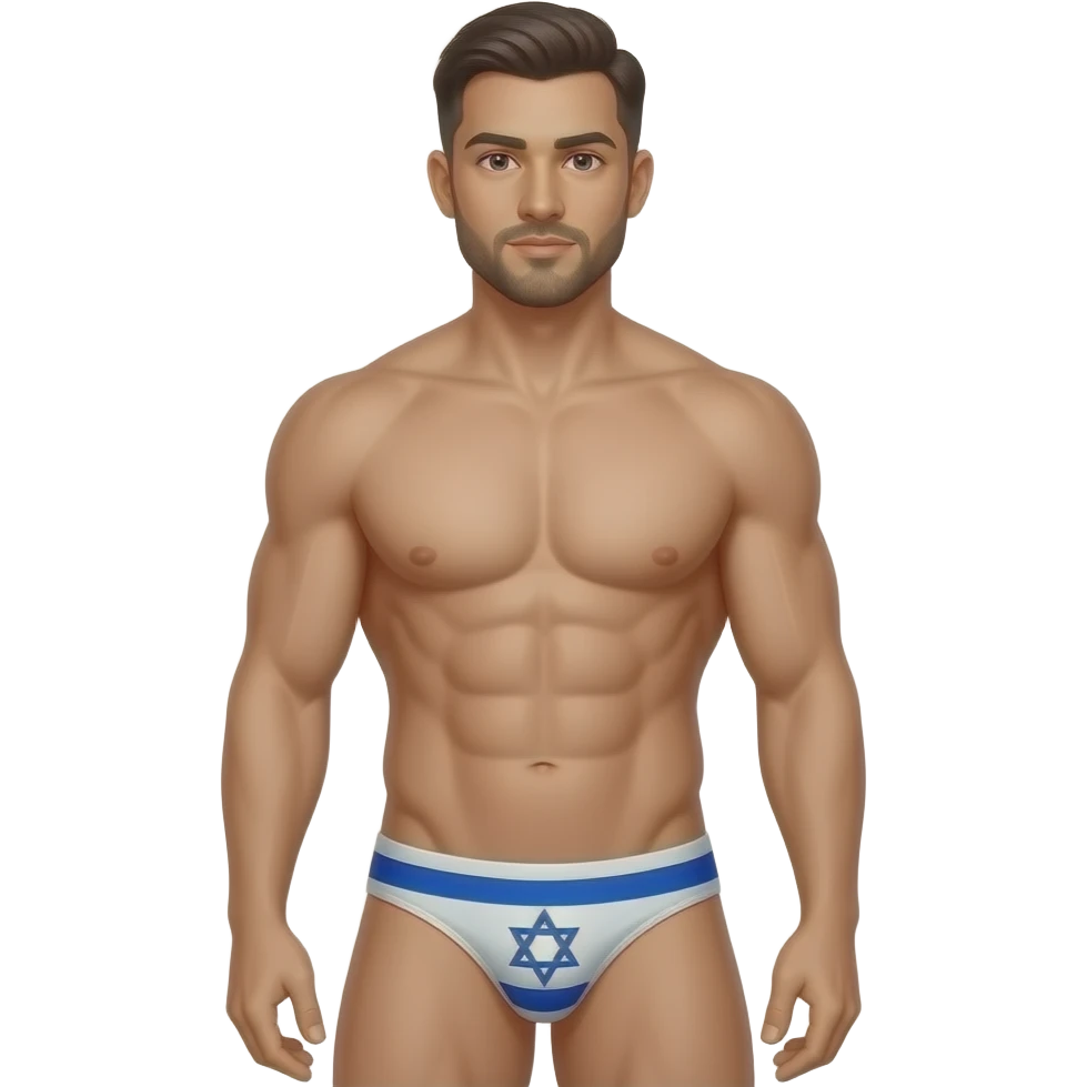 upper body (thighs-up) male figure with israeli face, hair, and body standing with muscular build in thin, narrow thong with israel flag theme emoji