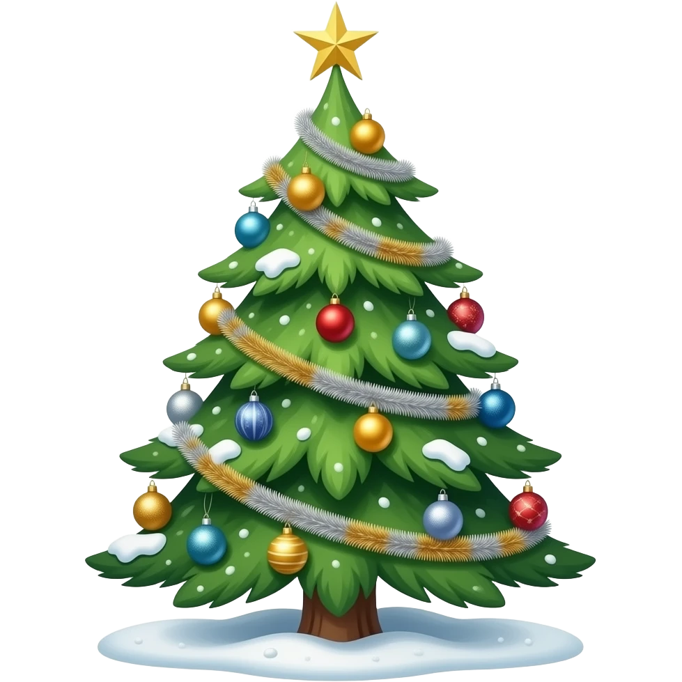 Highly detailed Christmas tree with ornaments, and silver and gold garland, and snow emoji