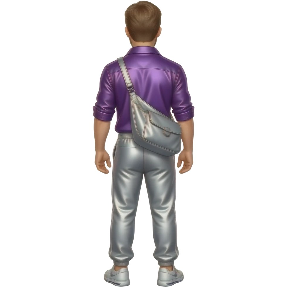 Ryan Gosling from behind with purple metallic shirt, silver metallic baggy joggers emoji