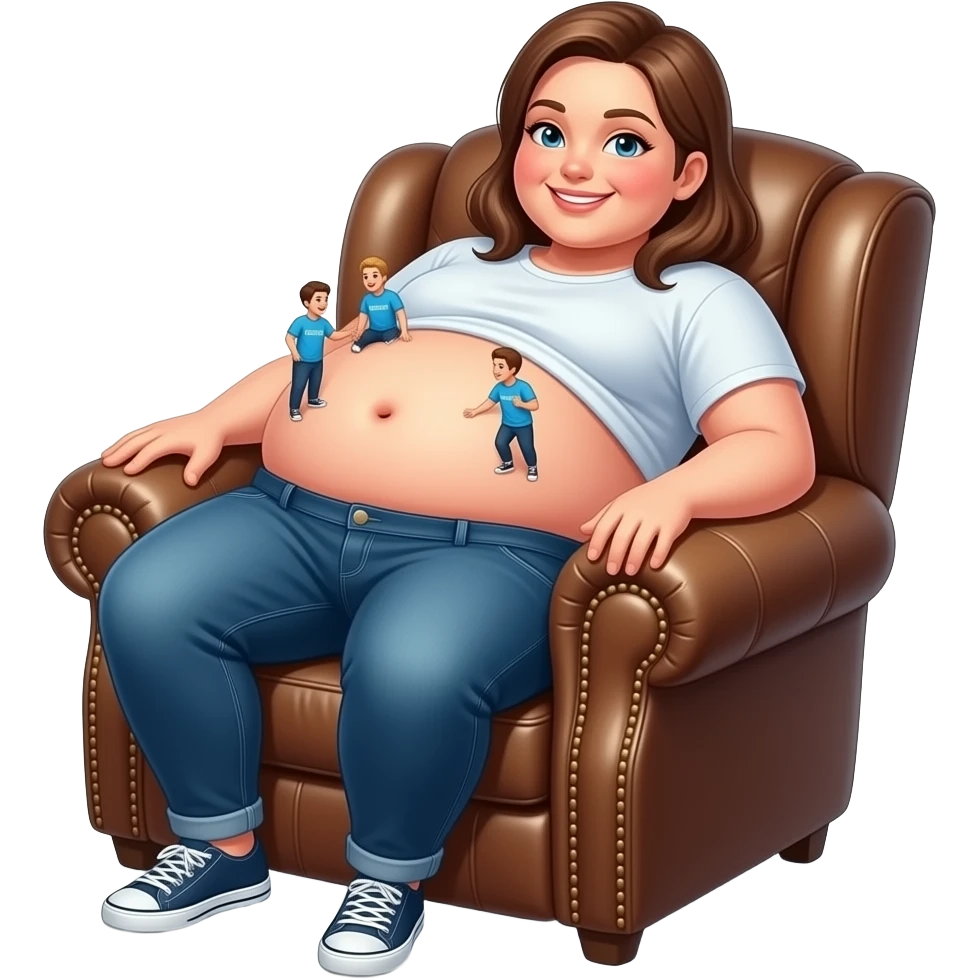 A female giant rests on a recliner sofa,with friendly gentle manner she hangs out her overfed rotund exposed belly,so the tiny volunteer admirers can use the girl’s vulnerable belly to bounce on,The female giant giggles because her bellybutton is ticklish. emoji