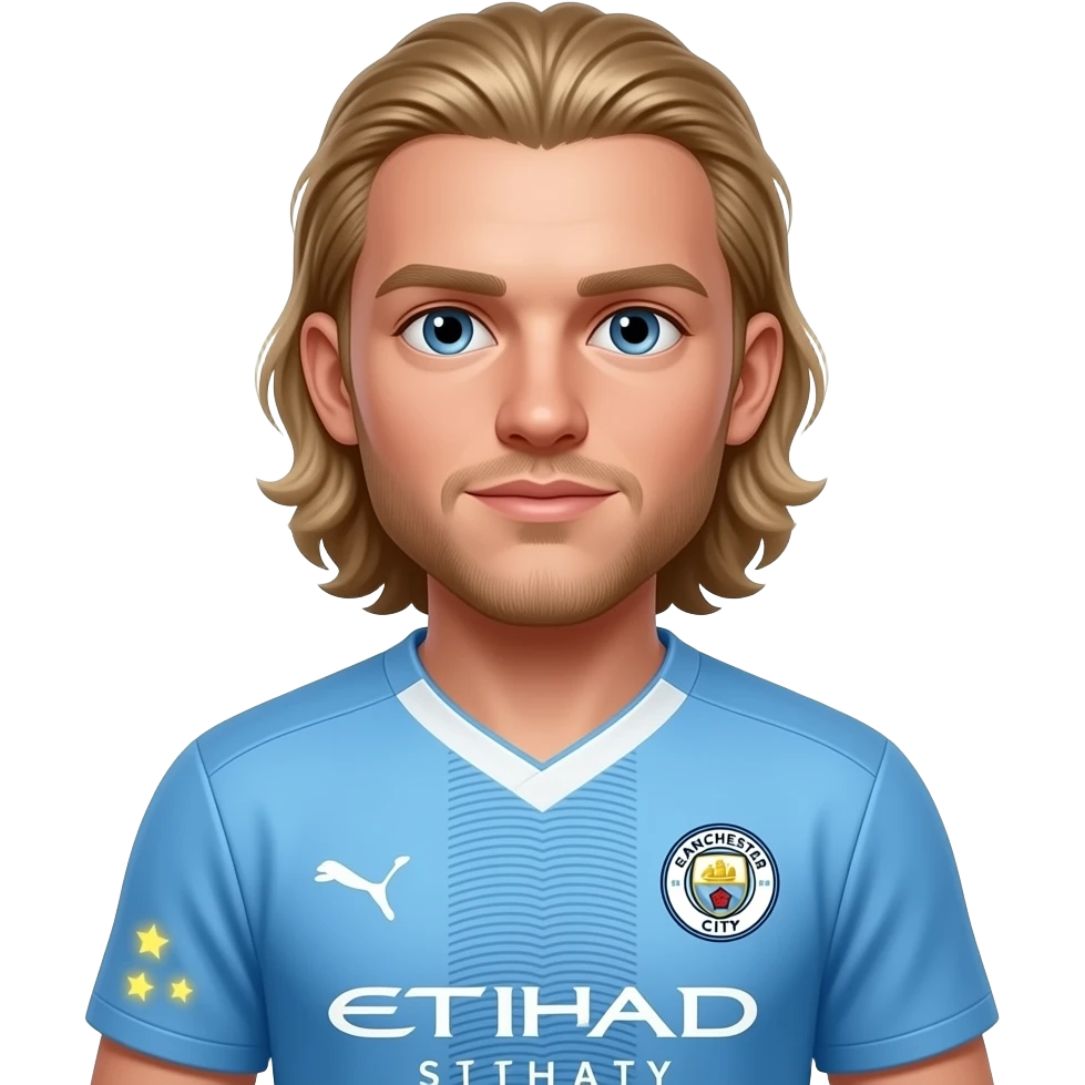 Haaland-inspired 3D emoji, full Manchester City jersey, 3 tiny glowing stars near left sleeve. emoji