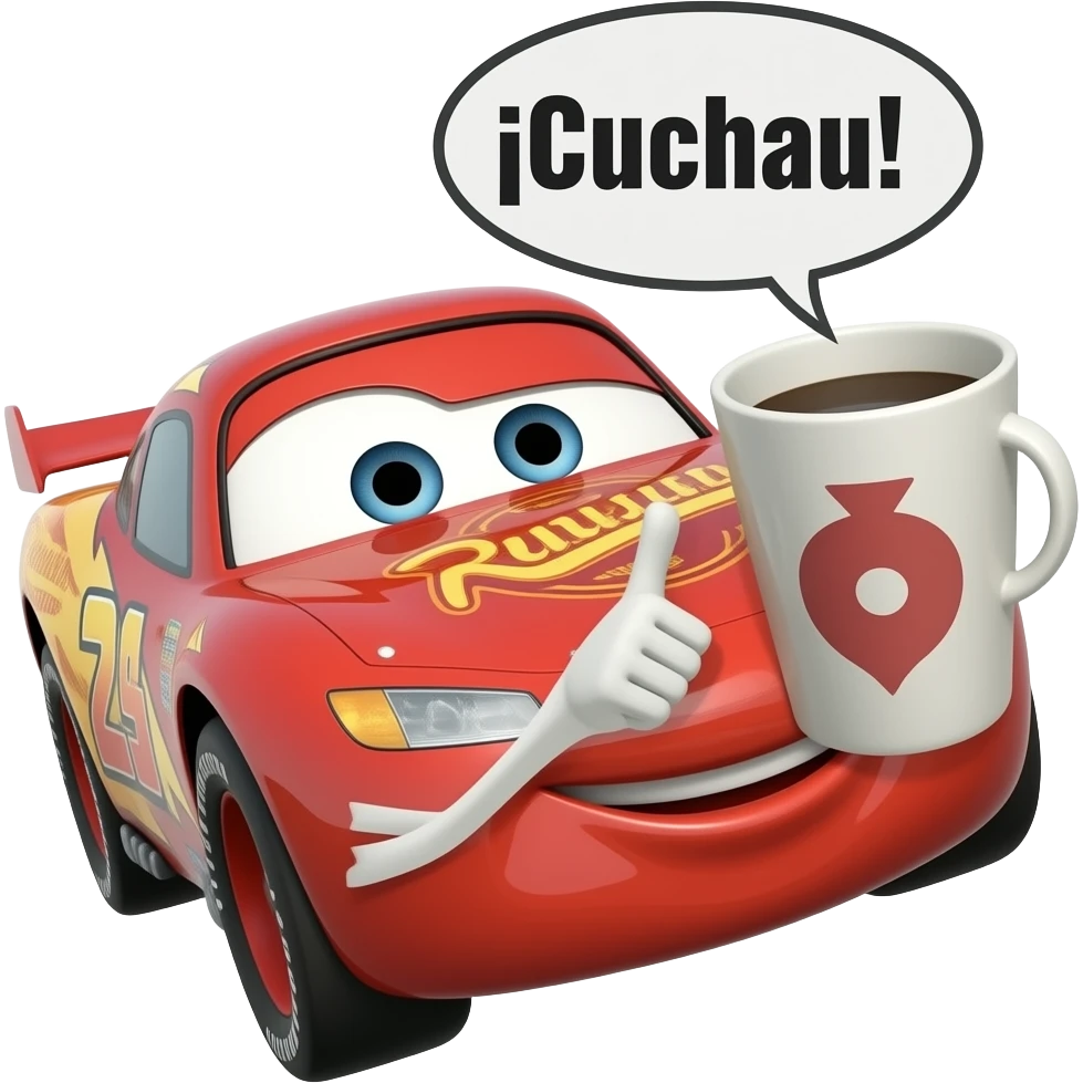 hazlo volando al rayo mcqueen y que tenga una copa y cafe y que el rayo diga salud  con titulo ¡Cuchau! emoji