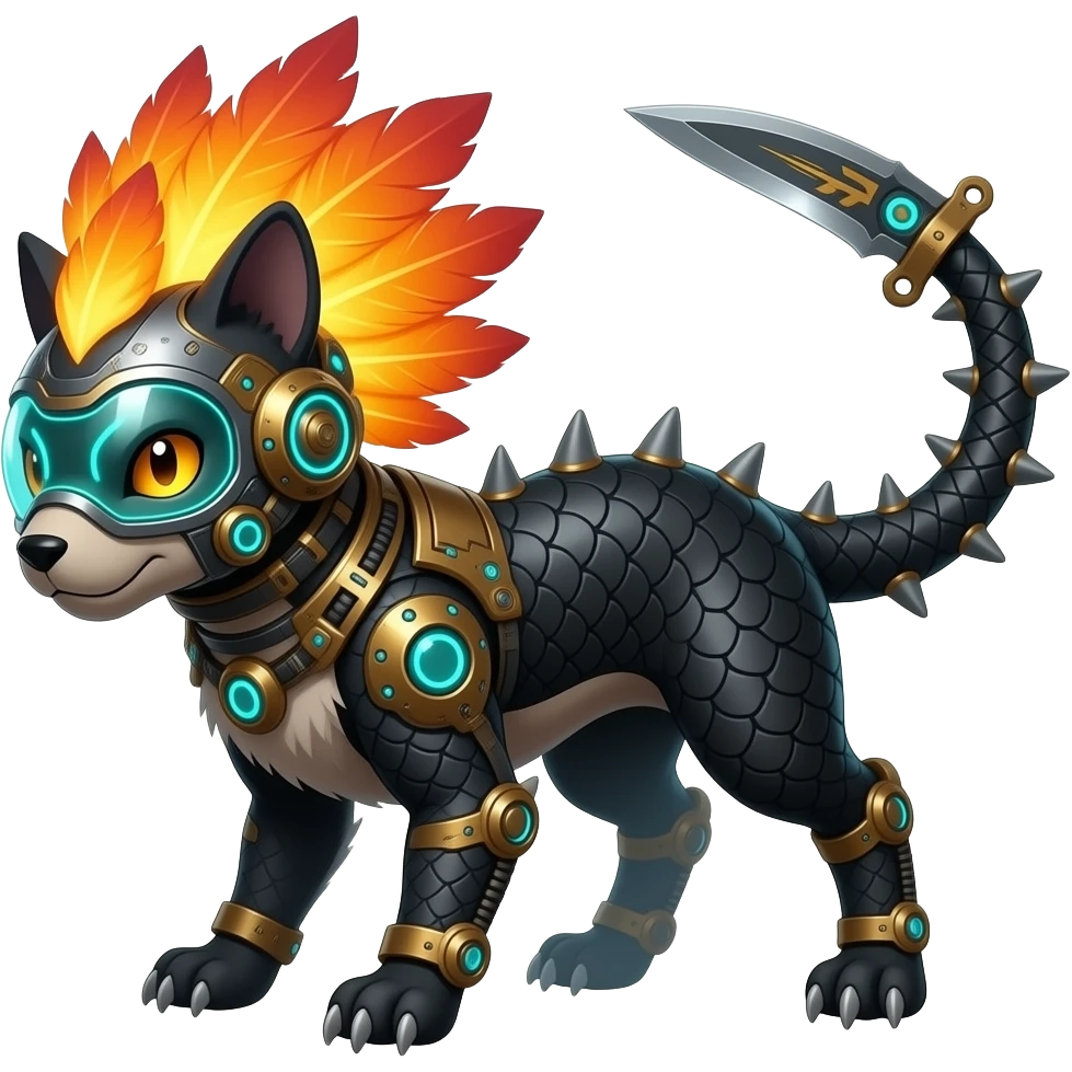 Cool edgy fiery bipedal furry cybernetic electrical visor-helmeted, Circuitry-patterned black-scaled digitigrade futuristic fantasy-Cyberpunk-Steampunk-Solarpunk-Genesect-Cyclizar-Salazzle-Protogen-Fakémon-animal-hybrid, with neon feather-mane, and a tail blade, back spikes emoji