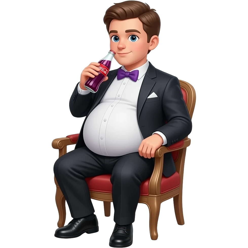 chłopak 15 latek z super super super super super super super super super super super super super super super super super super super super super super super ekstremalnie max ogromny brzuch niego brzuch ma kształt jak duża kula elegancko ubrany sieci na krześle i pije fioletowe Cola emoji