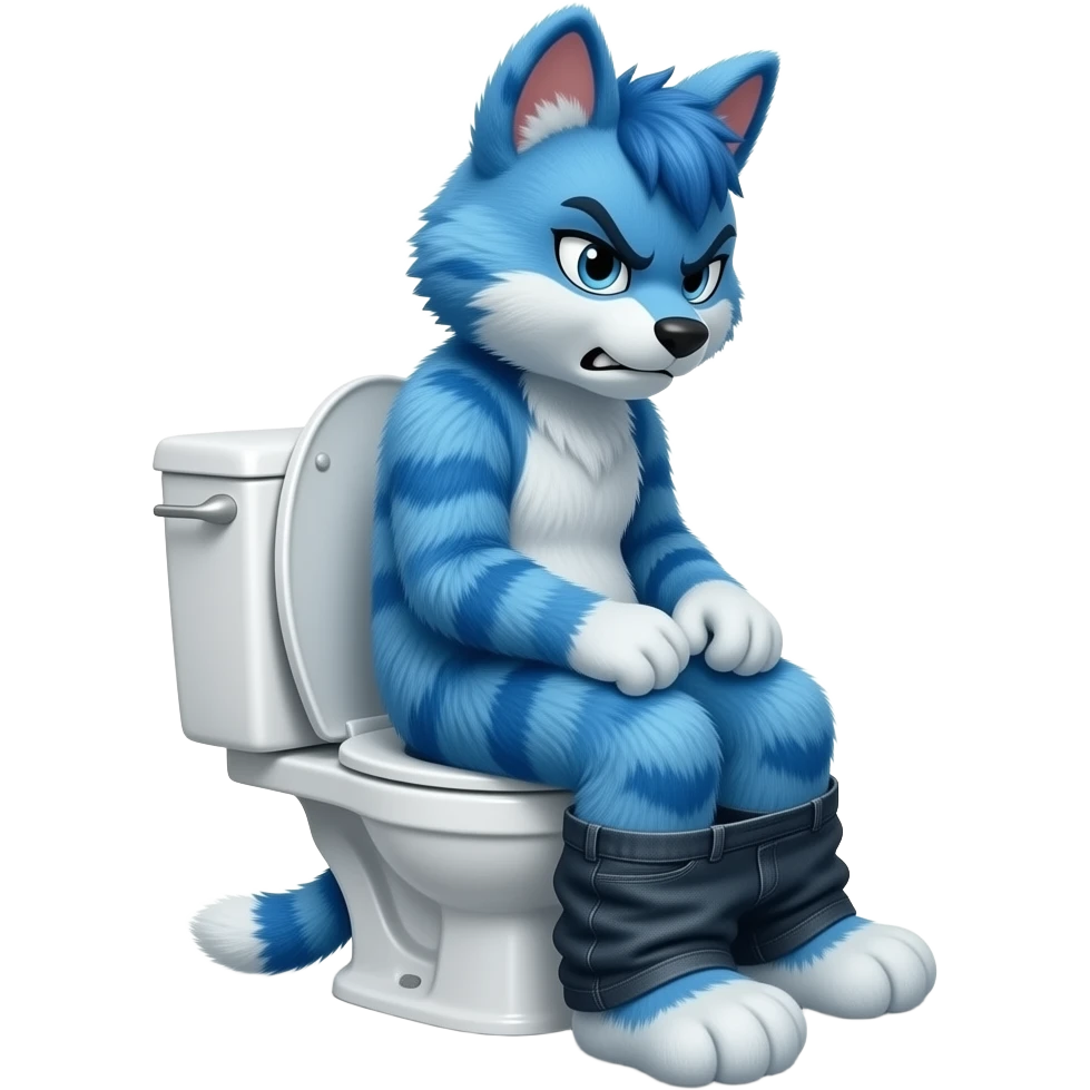 blue furry fursuit sitting on toilet, side view, pants down, looking forward with angry face, textbox saying " i'm taking a dump" emoji