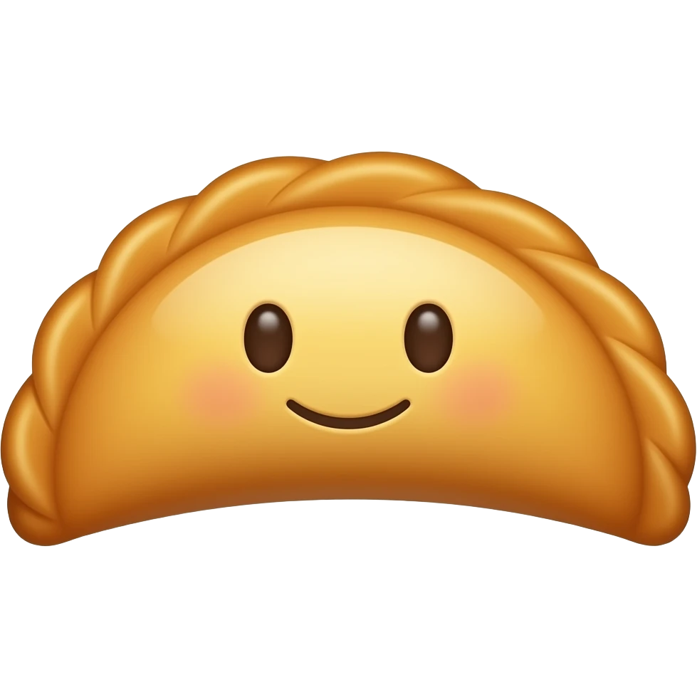 iOS-style emoji sticker of a small empanadilla, cute minimal 3D glossy emoji style, golden-brown half-moon shape with lightly crimped edges, soft shiny baked texture, centered composition, white or transparent background, simple clean design, no plate or extras, friendly food emoji look. emoji