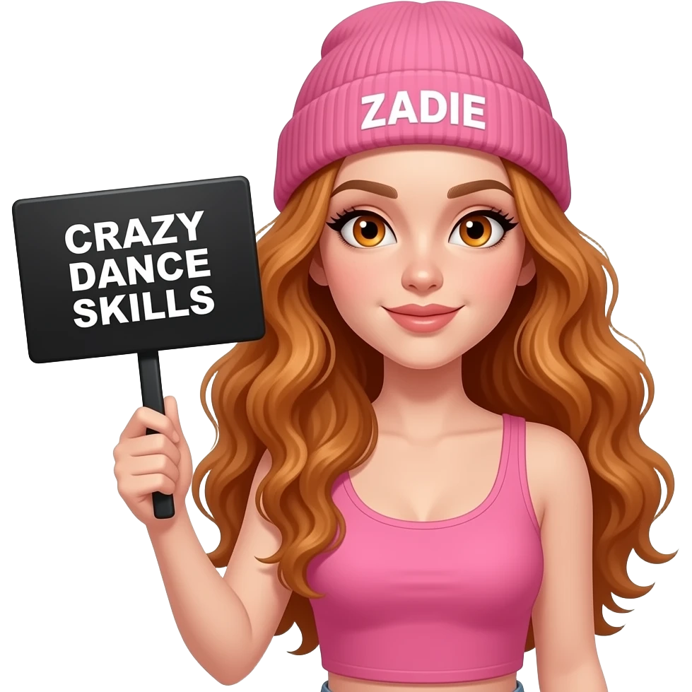 sexy girl with overlong wavy ginger hair and ginger eyes wearing a pink tanktop and a pink beanie with ZADIE written on it, is holding a black sign with CRAZY DANCE SKILLS written on it emoji