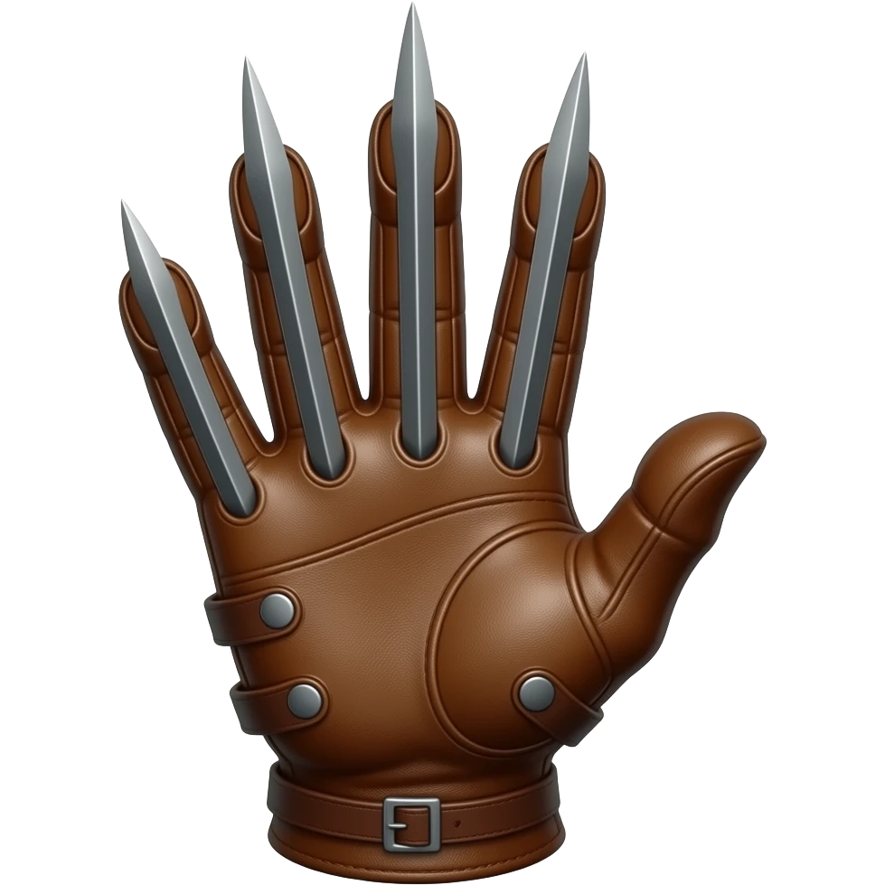 Freddy Kruger Glove, brown leather, large sharp blades attached vertically to the back of the fingertips, emoji