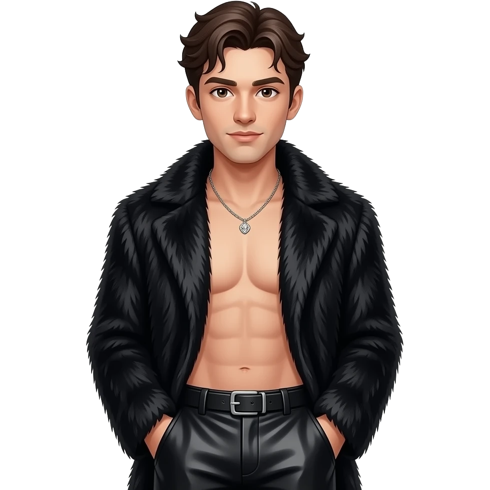 Gale Harold with fair skin, brown eyes, dark brown hair, black fur coat, black metallic baggy pants, shirtless with necklace emoji
